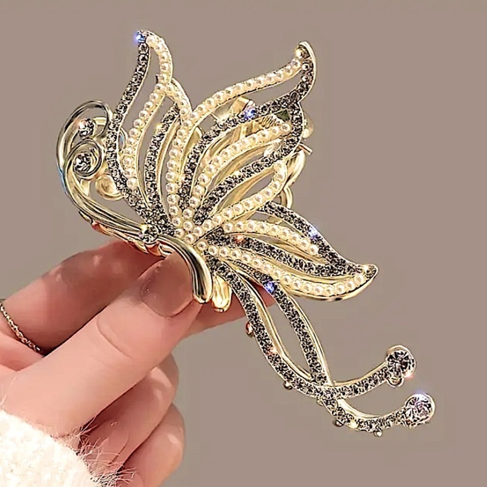 Gold Pearl Rhinestone Butterfly Hair Claw Hair Accessory